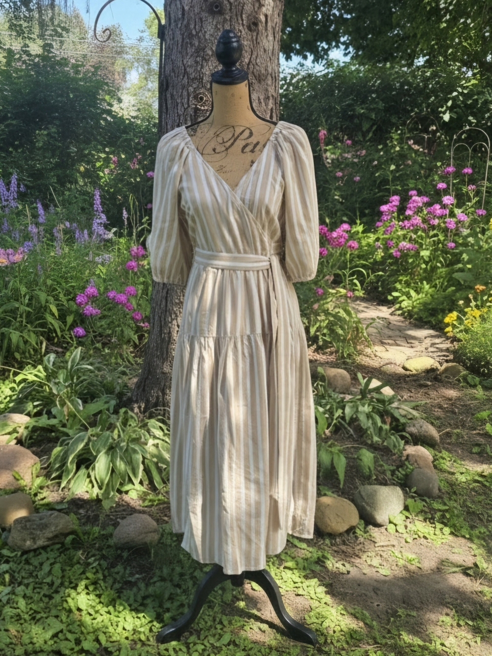 Old Navy Tan/Cream Striped Wrap Midi Dress